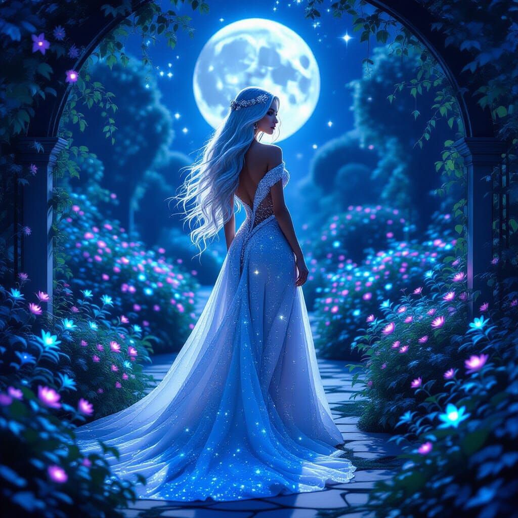 Moonlit Garden Beauty in Art Nouveau Style