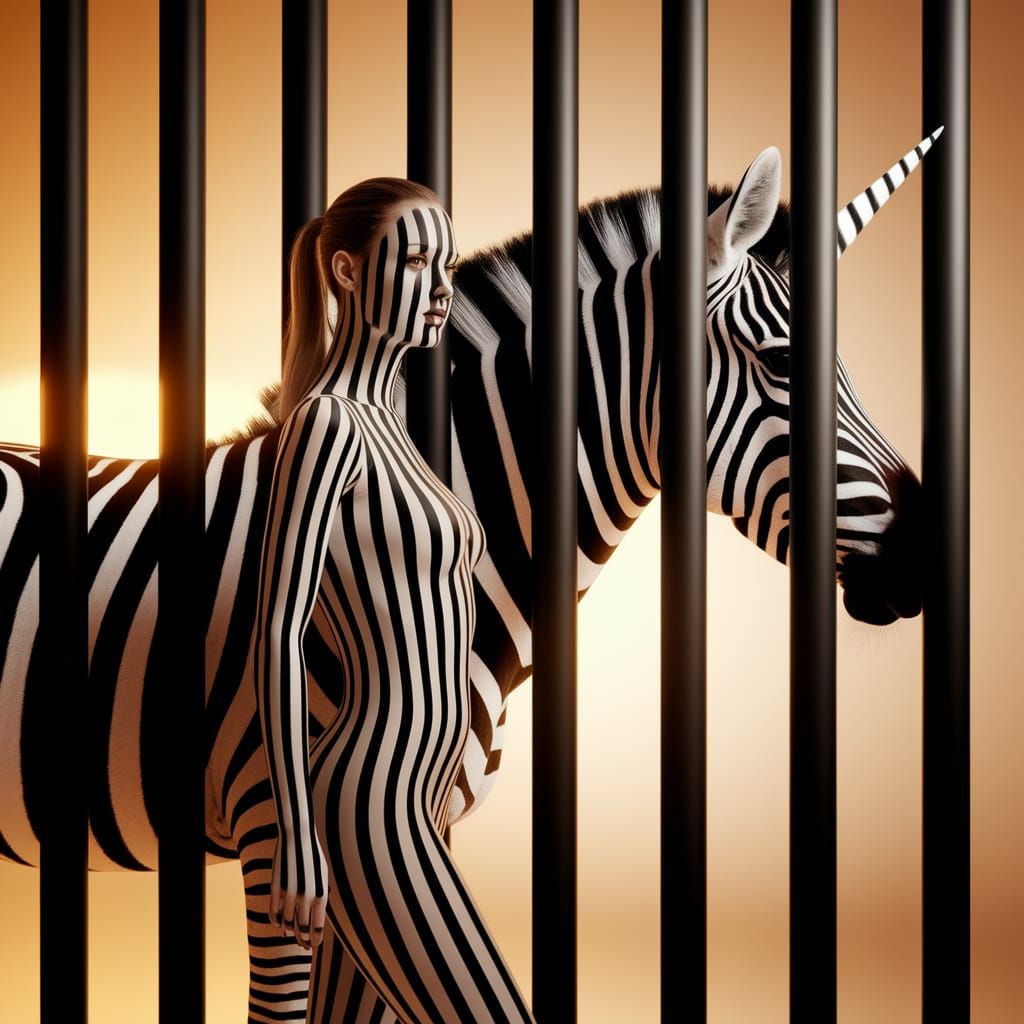 Surreal Striped Goddess and Zebra Unicorn Merge in Optical I...