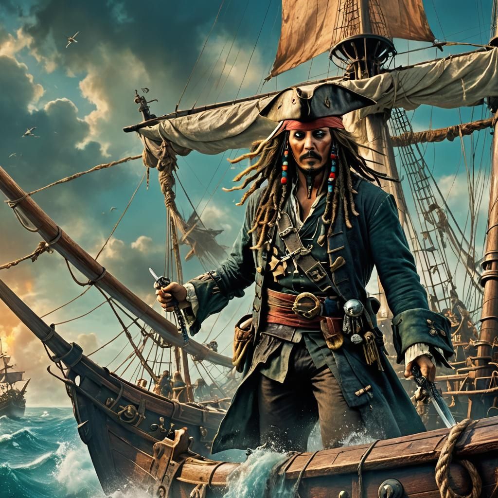 Jack Sparrow Leads Pirate Ship Battle: Cinematic Art