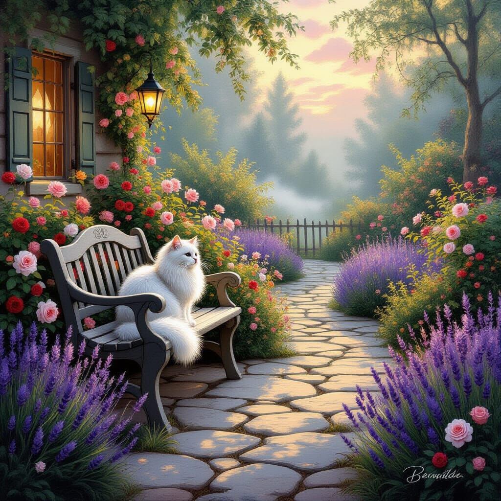 Dreamy Cottage Garden at Dusk with White Cat