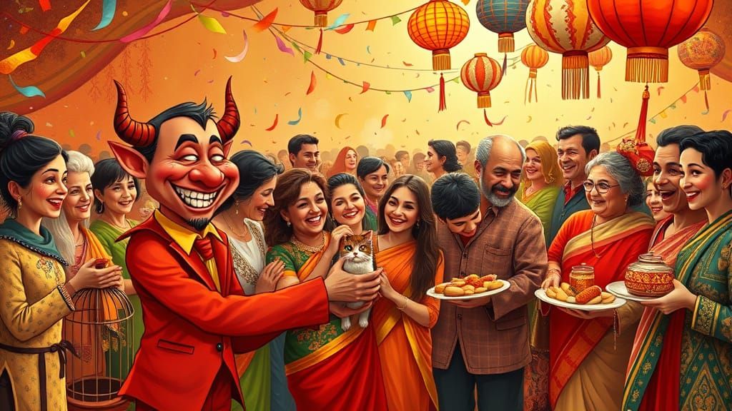 Whimsical Festival Gathering in Folk-Art Style