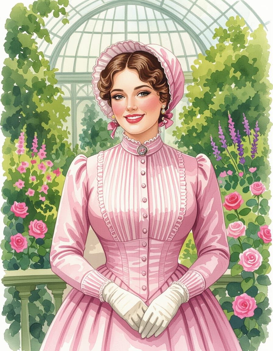 Victorian Woman in Botanic Garden Watercolor Portrait