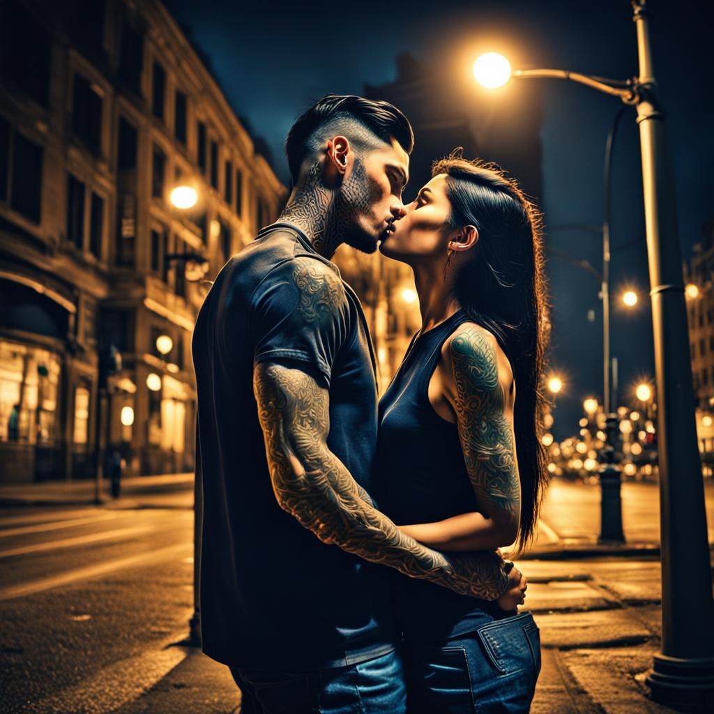 Romantic Nighttime Kiss Under Street Lamp