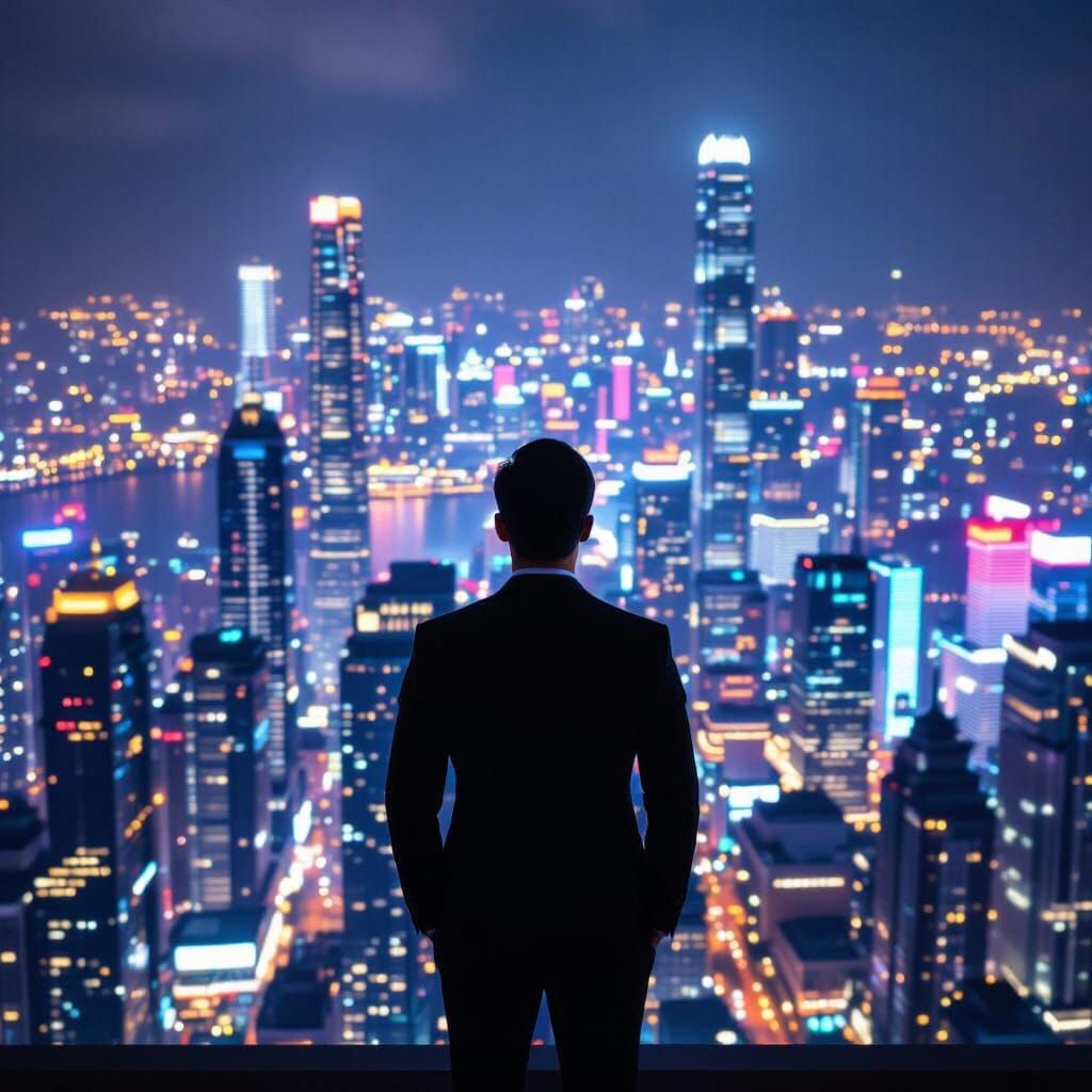 Man in Black Suit Overlooking Shenzhen's Night Cityscape