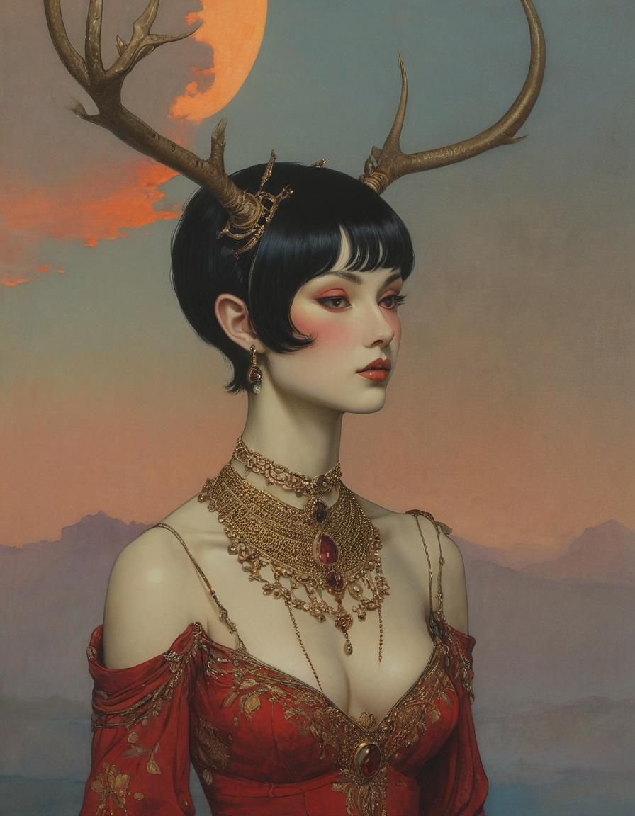 Elven Woman with Antlers in Pen and Ink Style