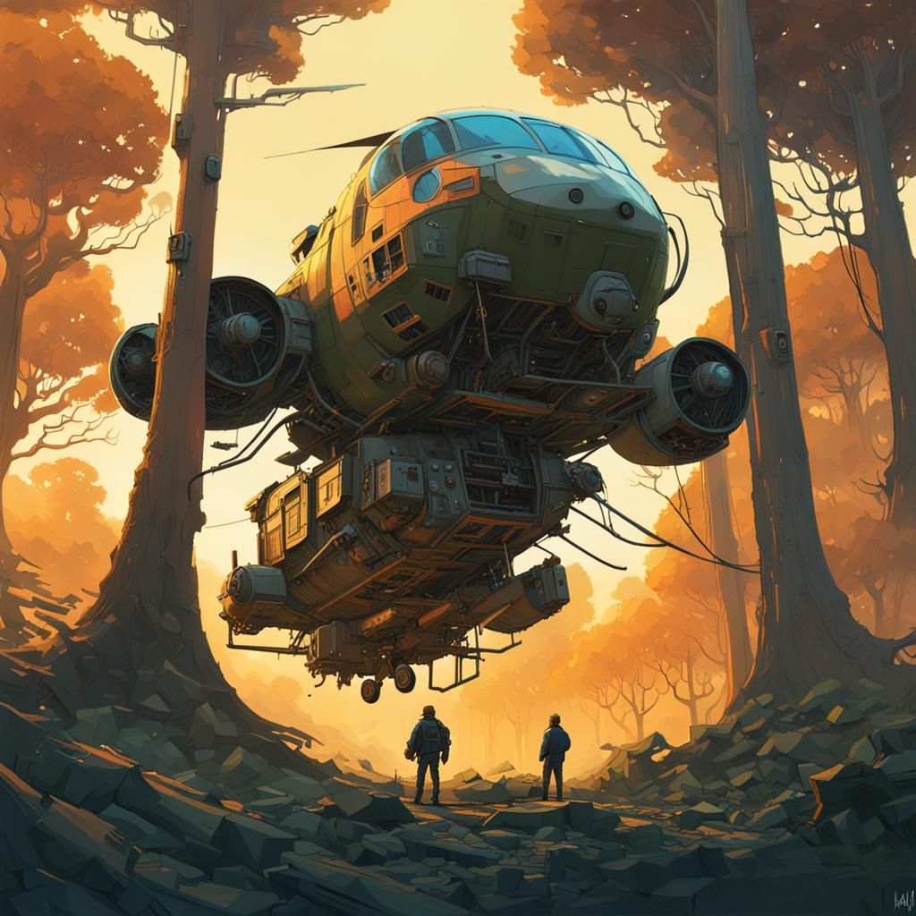 Helicopter Gunship in Mystical Forest, Painterly Realism