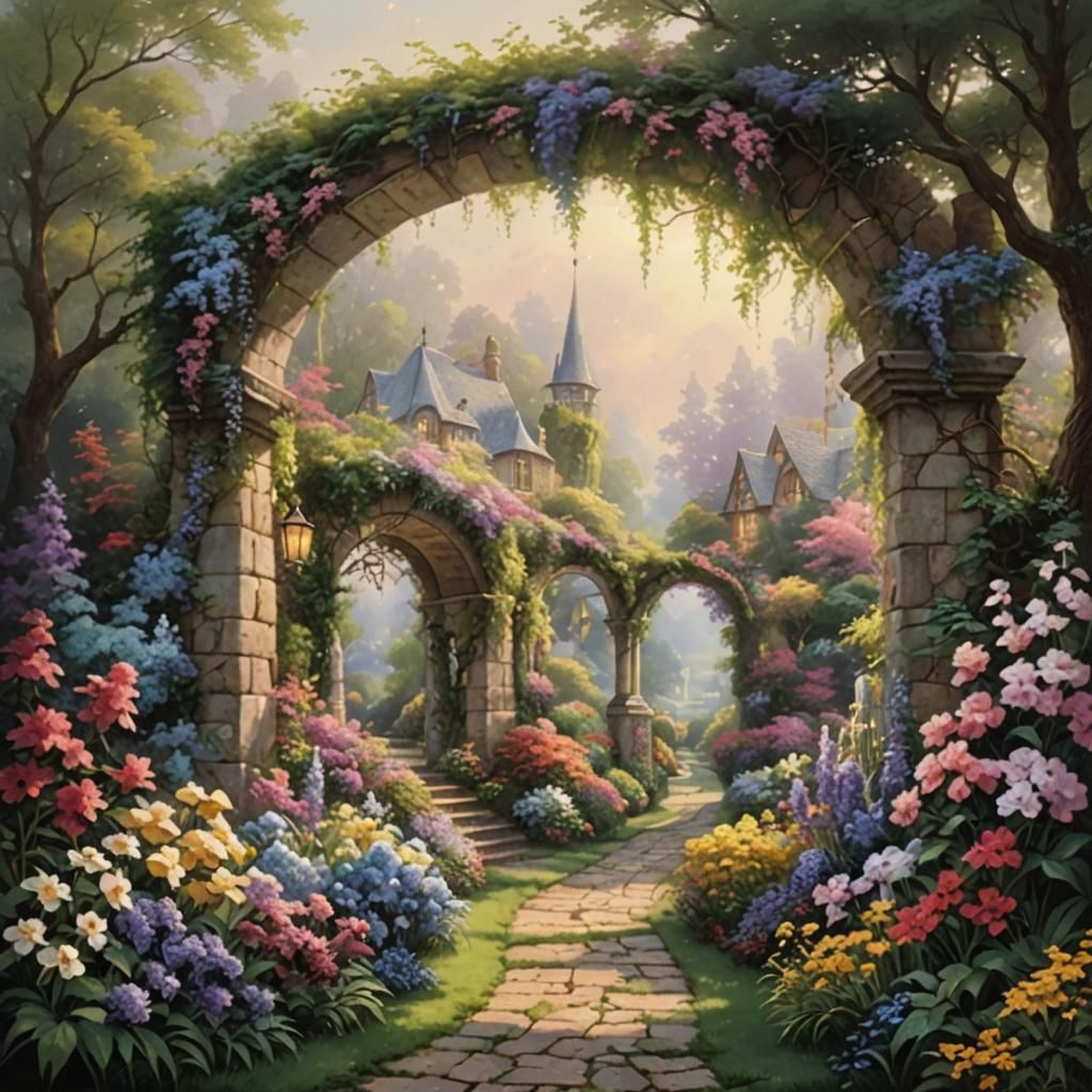 Vining Flowers Cover Archway in English Garden