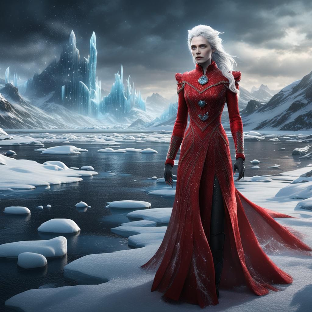 Icestorm: Figure in Red Dress, Detailed Matte Painting