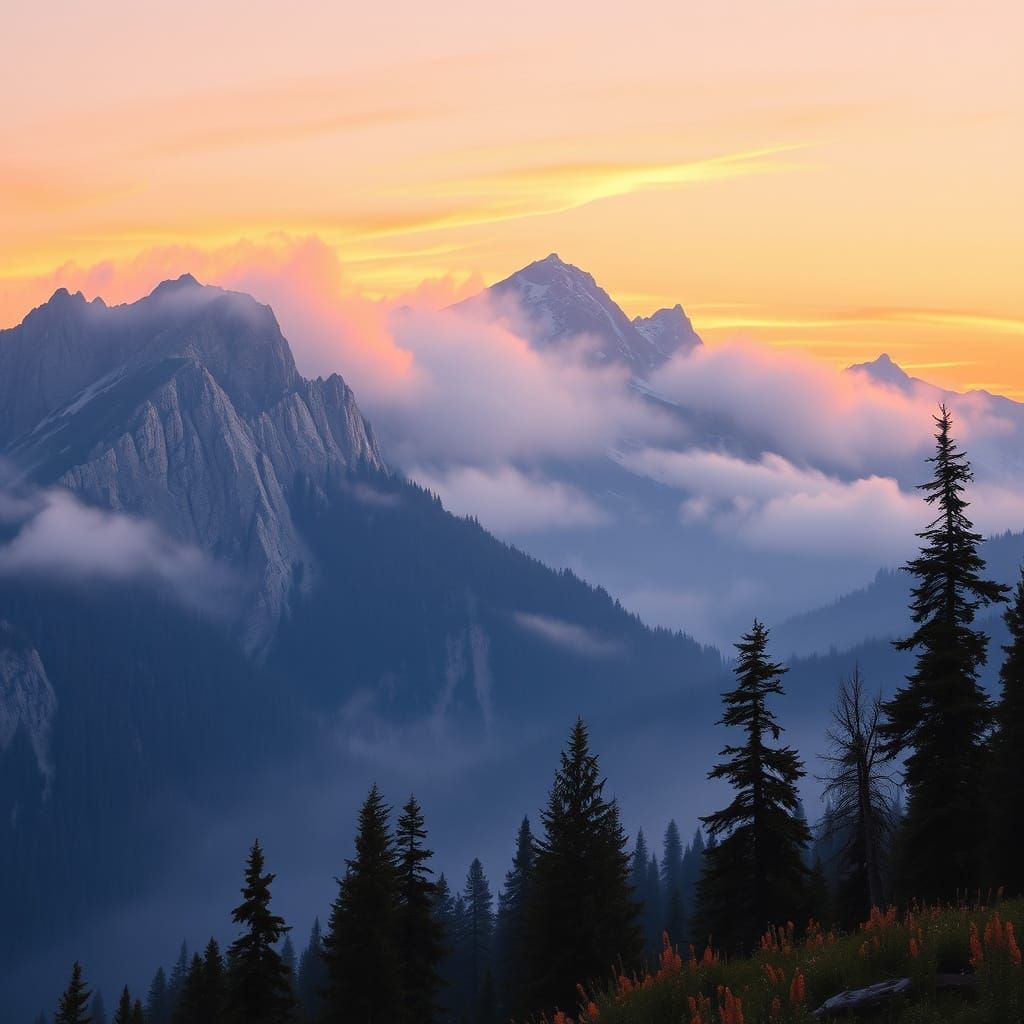 Dramatic Mountain Dawn in Whimsical Brushstrokes