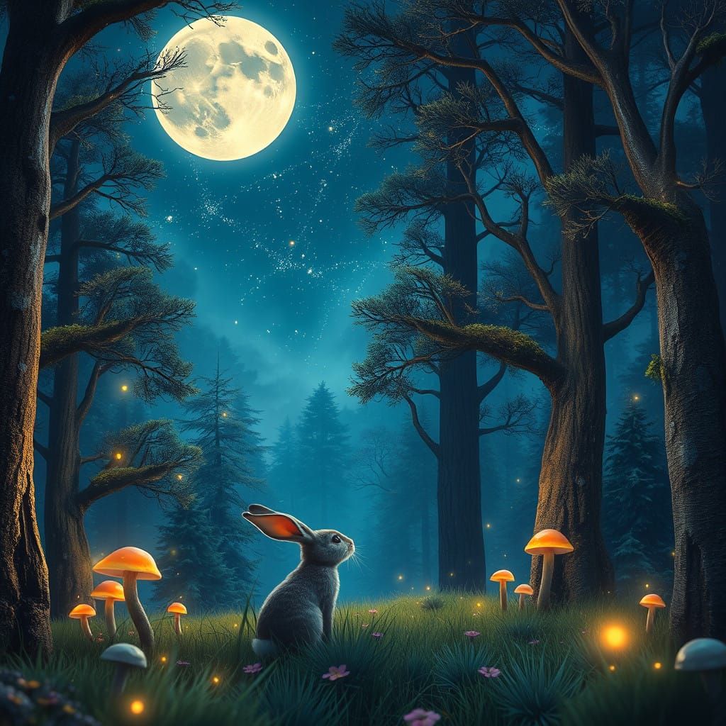 Whimsical Forest Bunny Contemplates Celestial Wonders