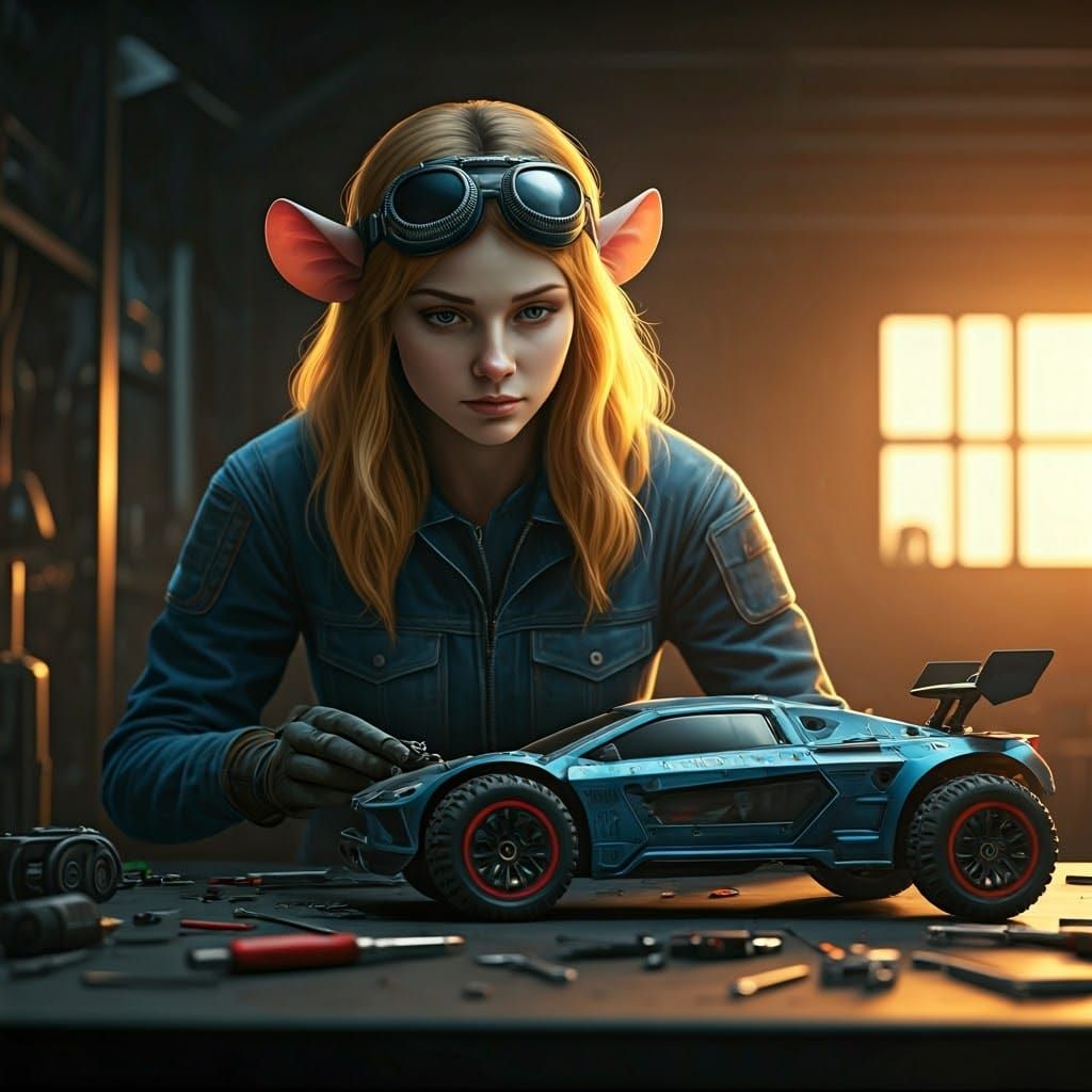 Gadget Hackwrench Repairs High-Tech RC Car in Industrial Gar...