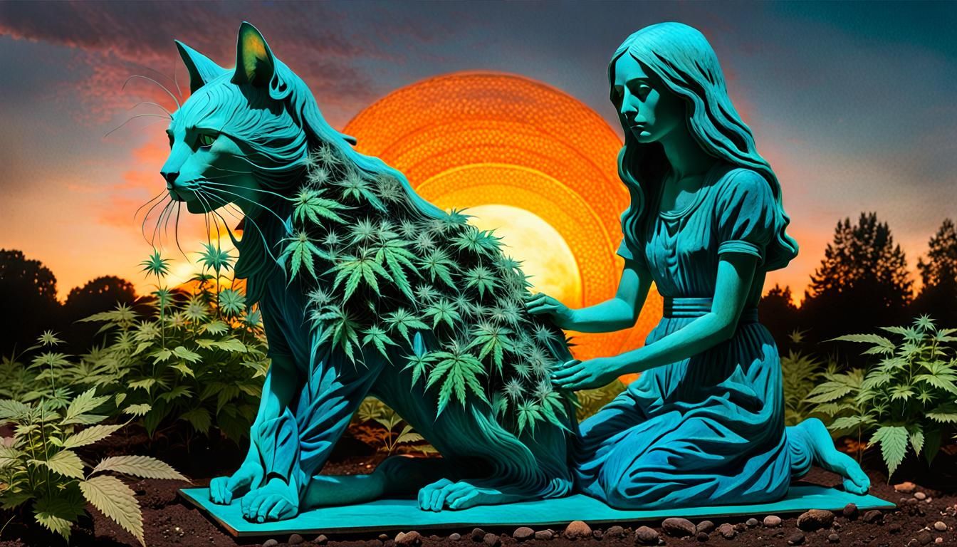 Surreal Fragmented Sculpture of Woman in Cannabis Garden