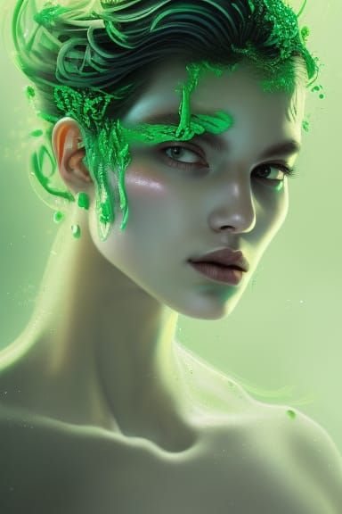 Green Slime Woman: Hyperrealistic Digital Portrait