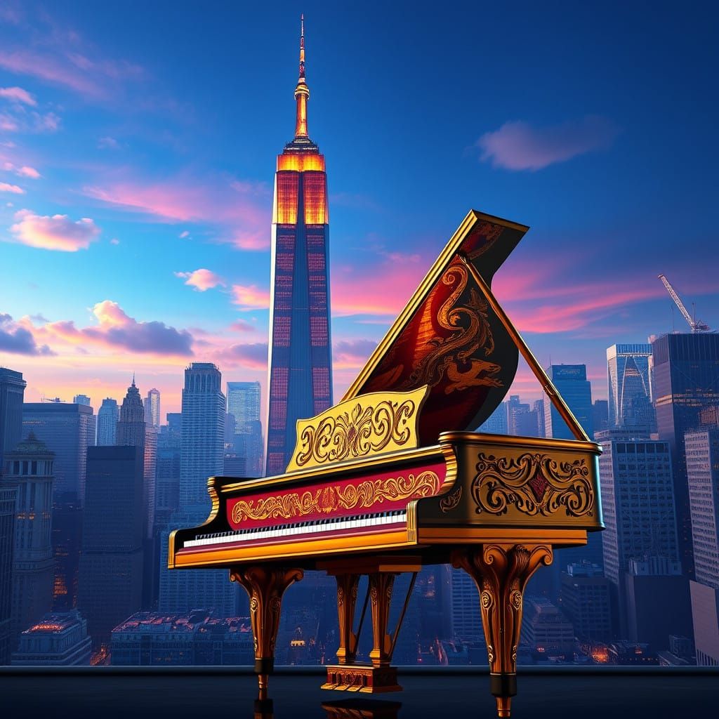 Luxury Grand Piano in Front of Iconic Manhattan Skyline