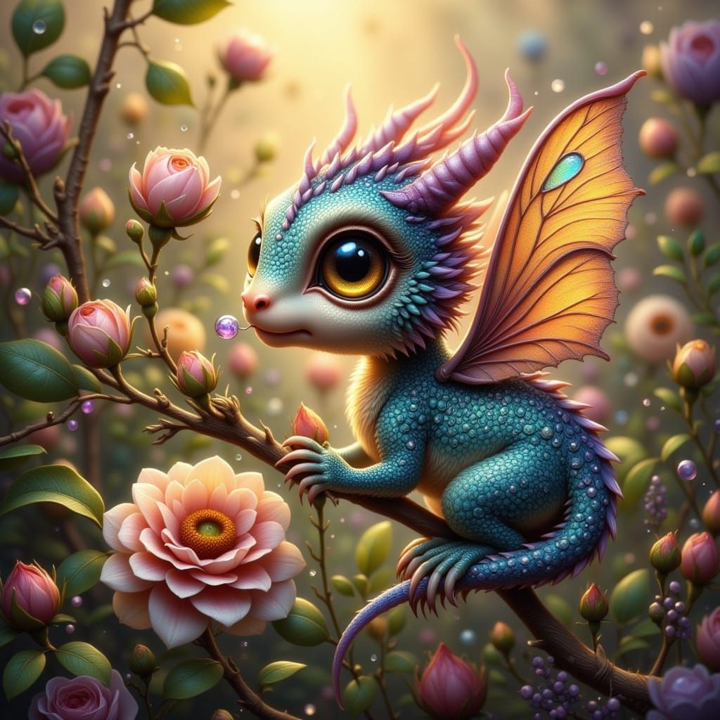 Iridescent Dragonling Sips Nectar on Rosehip in Victorian Ga...