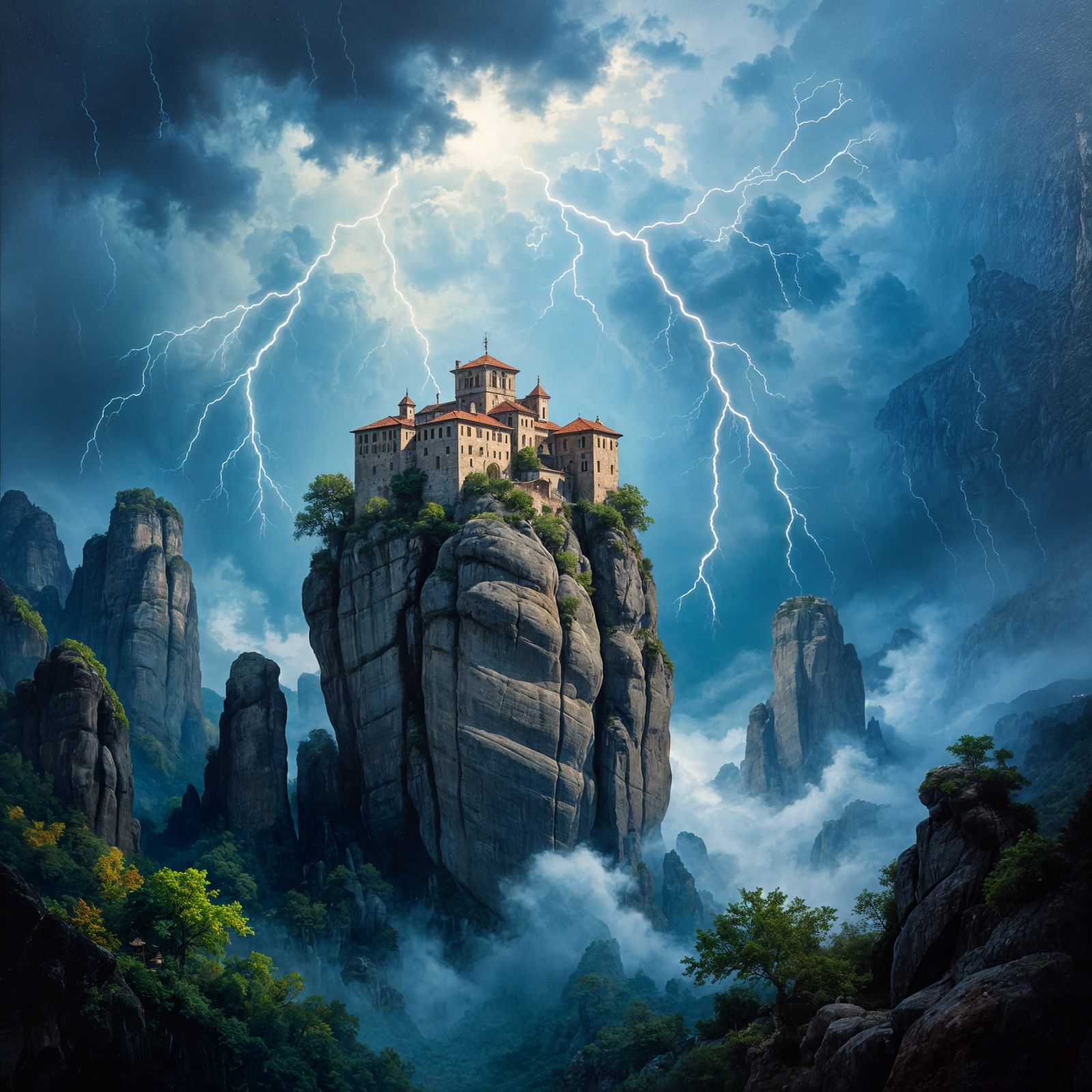 Meteora Monasteries Amidst Dramatic Storm