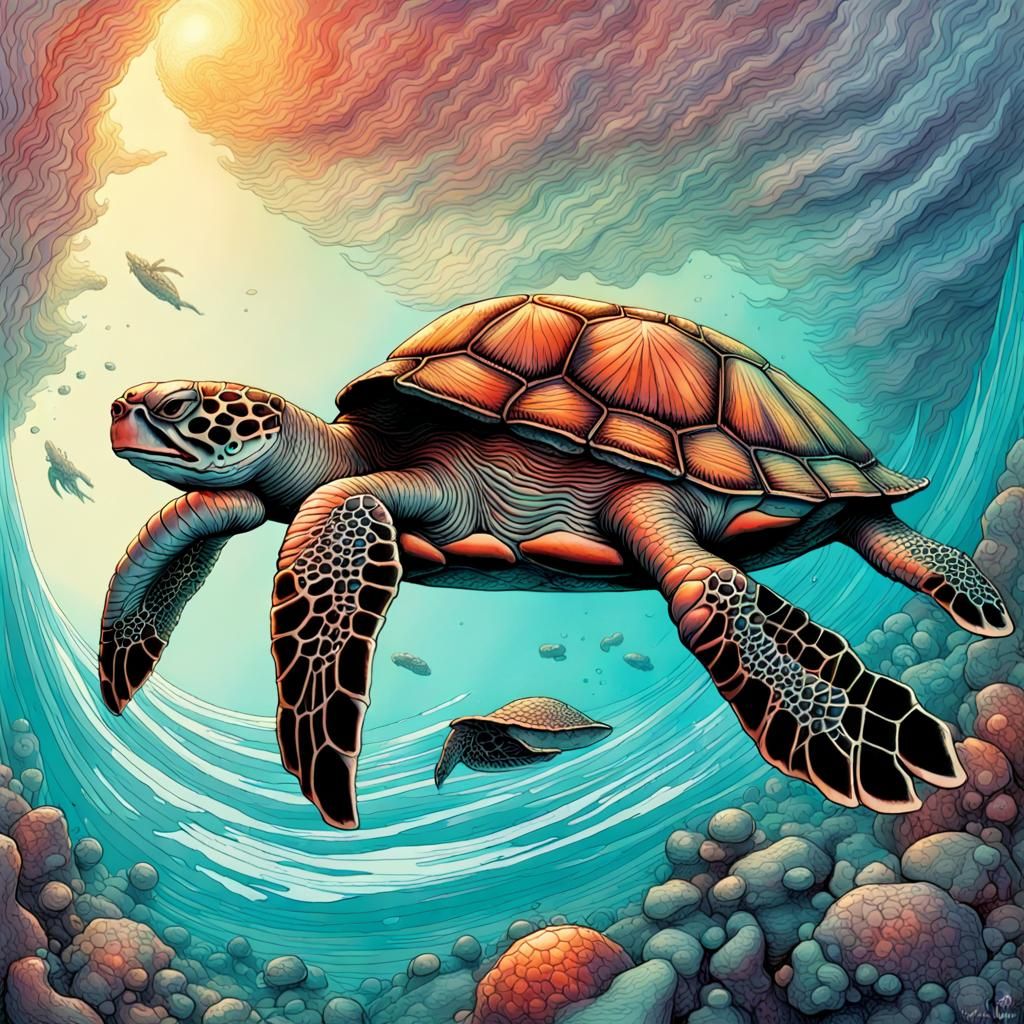 Futuristic Sci-Fi Turtle Wave Horror Drawing