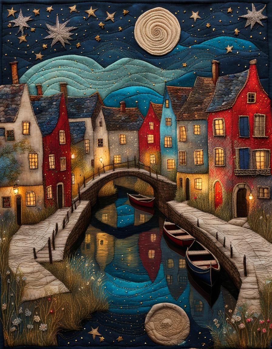 Mystical Fabric Collage of Old Fishing Village