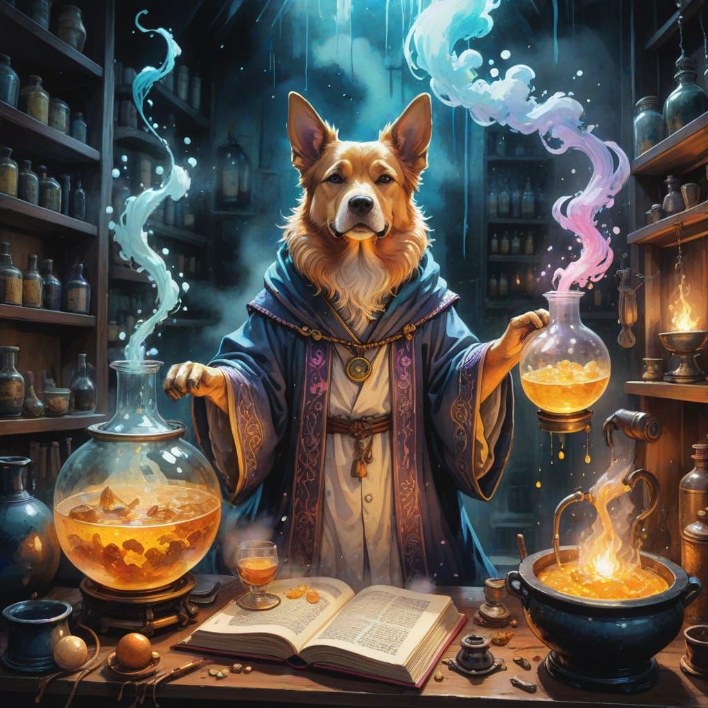 Wizardly Canine Alchemist in Mystical Laboratory