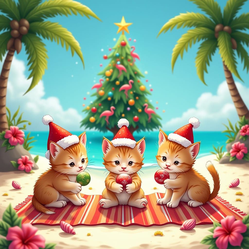 Adorable Kitten Holiday Scene in Whimsical Beach Setting