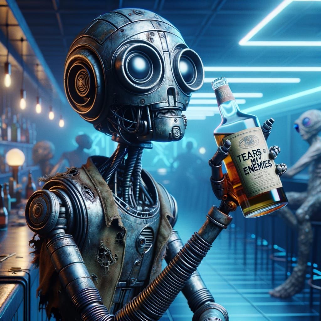 Metallic Robot Enjoying a Drink in Cyberpunk Bar