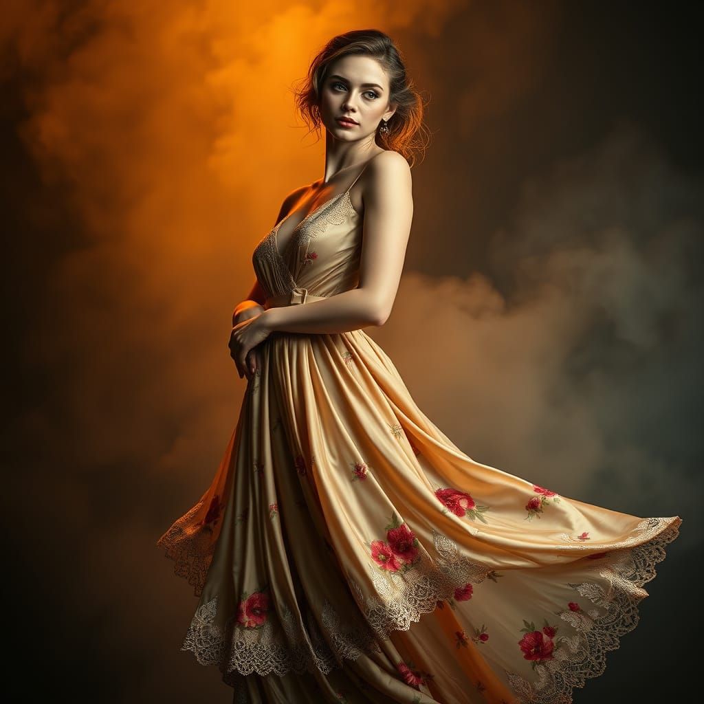 Elegant Woman in Flowing Dress, Art Nouveau Style