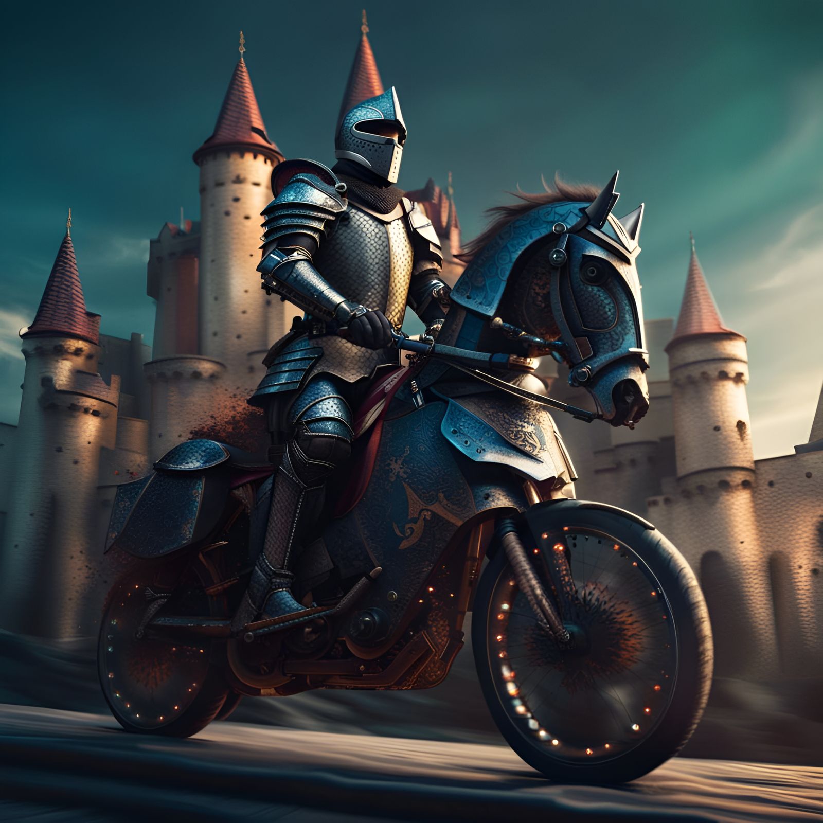 Knight on Bike in Front of Castle Comic Style