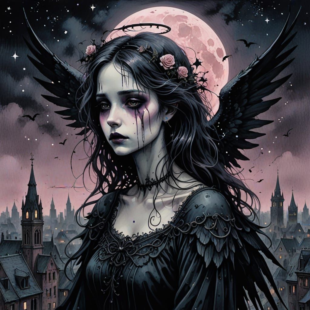 Gothic Angel in Desolate Cityscape, in Dark Surrealism Style
