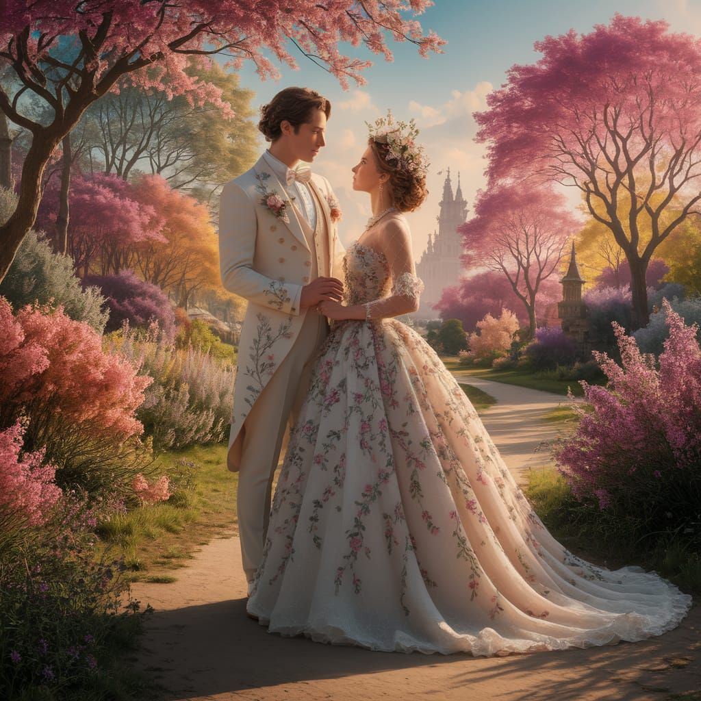 Elegant Couple in Whimsical Spring Garden