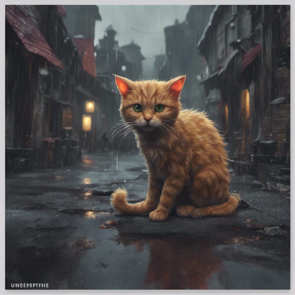 Lonely Cat in Rainy City: Digital Matte Painting