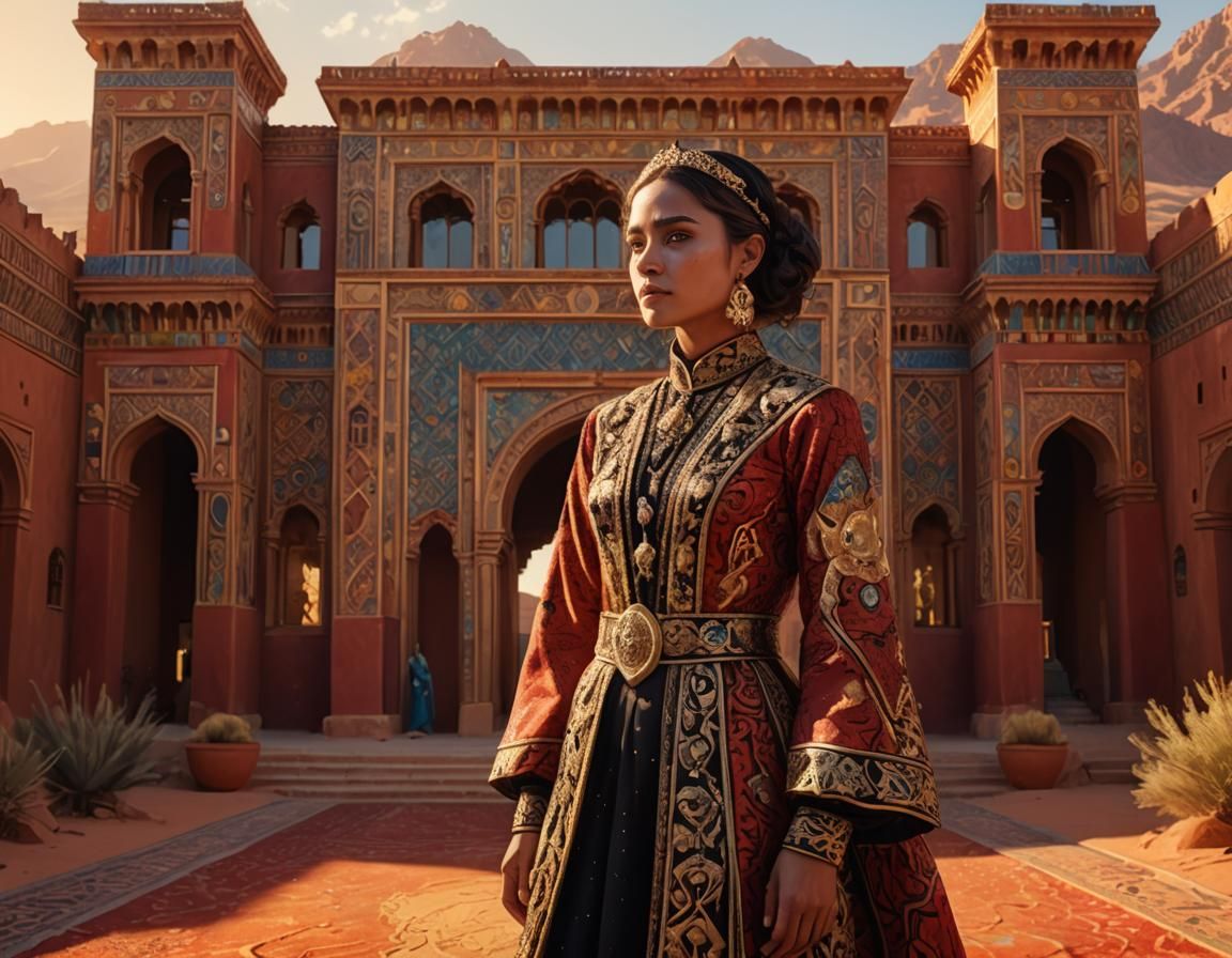 Regal Woman in Desert Palace: Hyperrealistic Digital Art