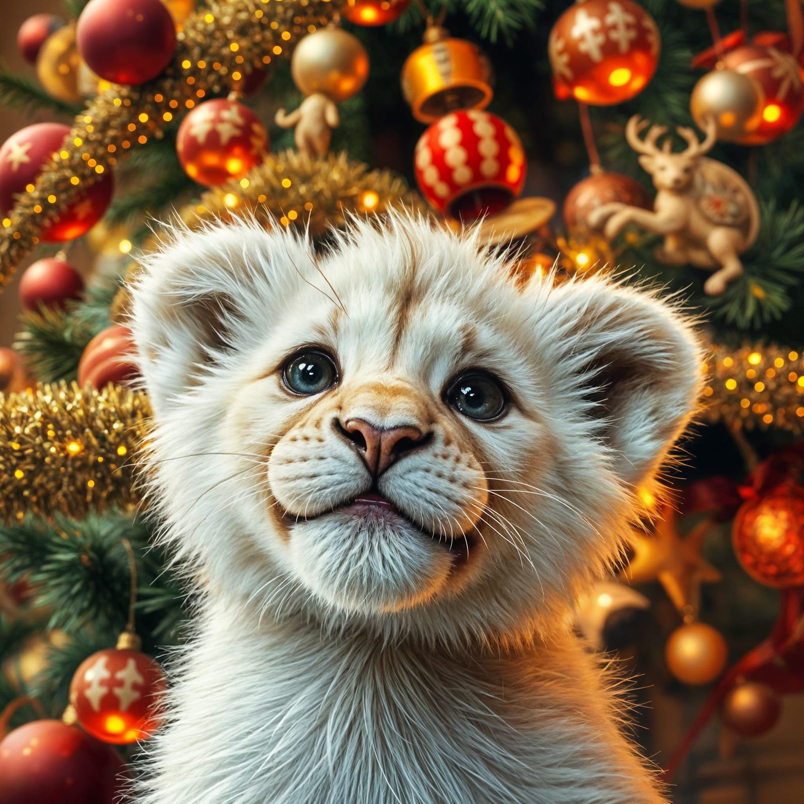 A Happy Fluffy Lion Cub Gazing at a Vibrant New Year's Tree
