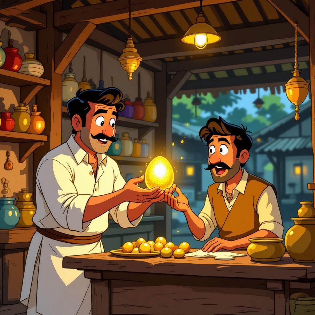 Farmer Shows Golden Egg to Amazed Goldsmith in Cartoon Style