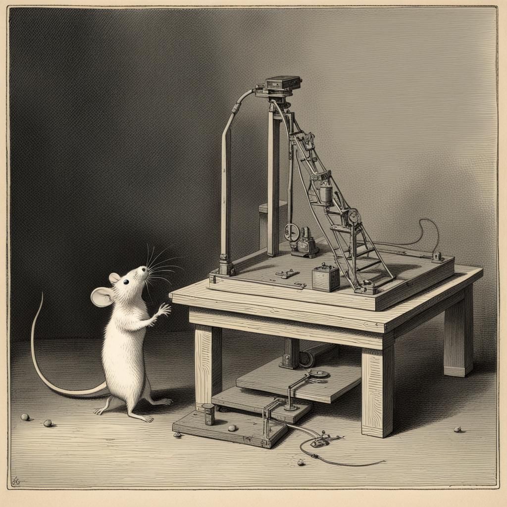 Mouse and Rube Goldberg Mousetrap in Doré Style