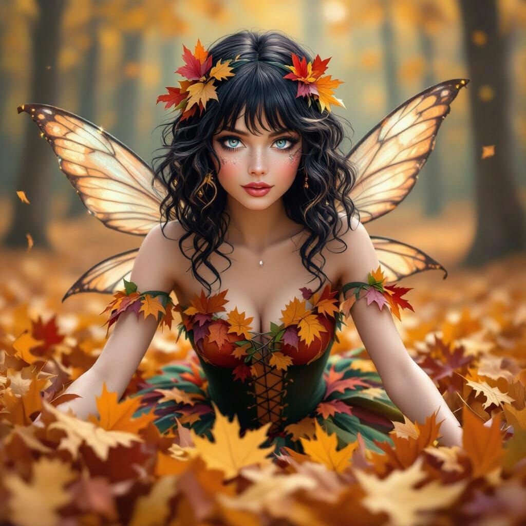 Autumn Witch Fairy Playing in Leaves