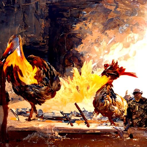Burning Chicken in War: Oil Painting