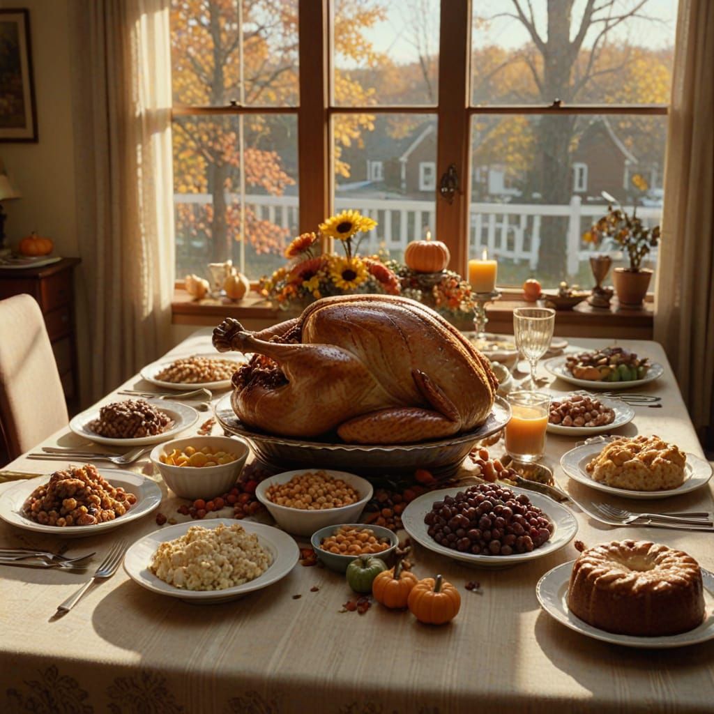 Abundant Thanksgiving Feast in Warm Golden Hour Light
