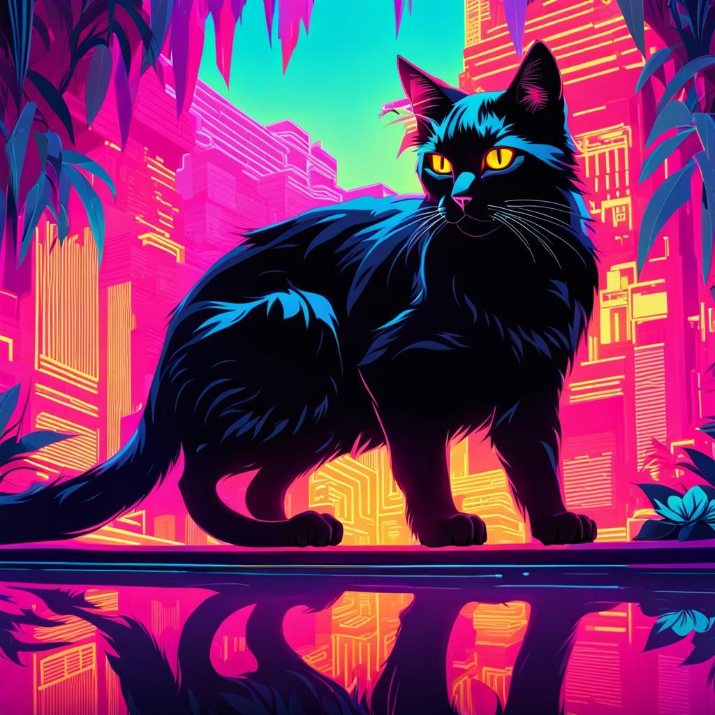 Black cat in neon city
