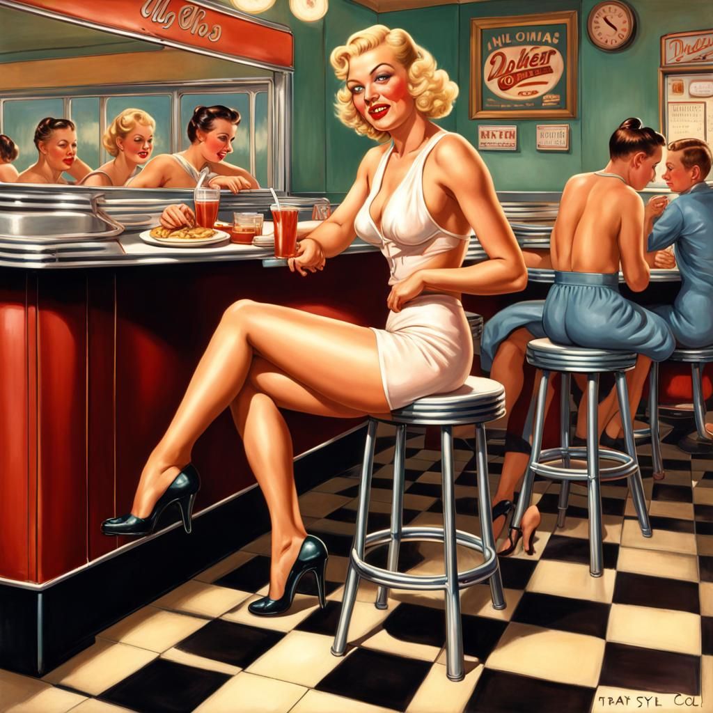 1930s Pin-Up Girl Having Lunch in Diner