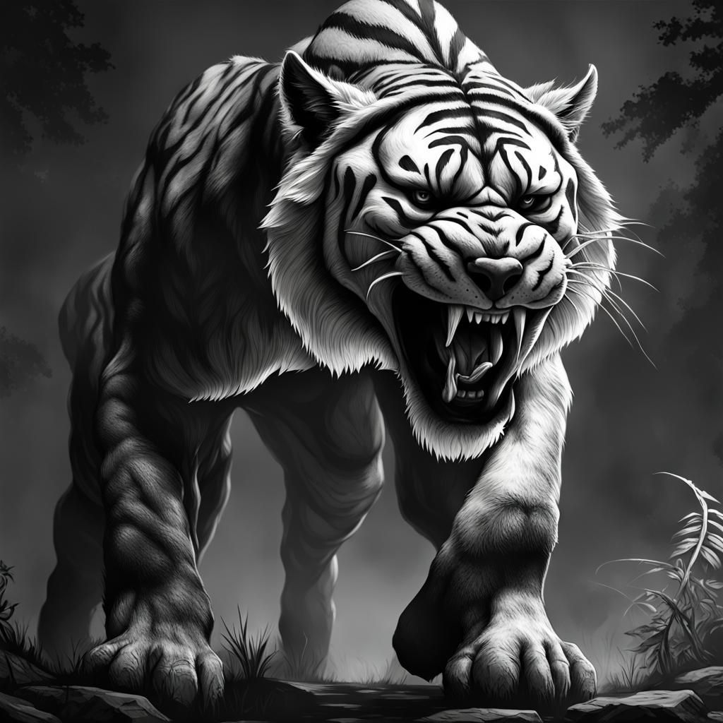 Roaring Saber-Tooth Tiger: Dark Fantasy Art