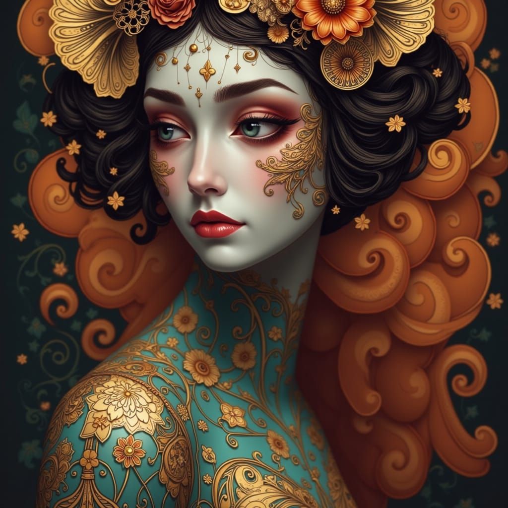 Golden Goddess Portrait in Art Nouveau Style