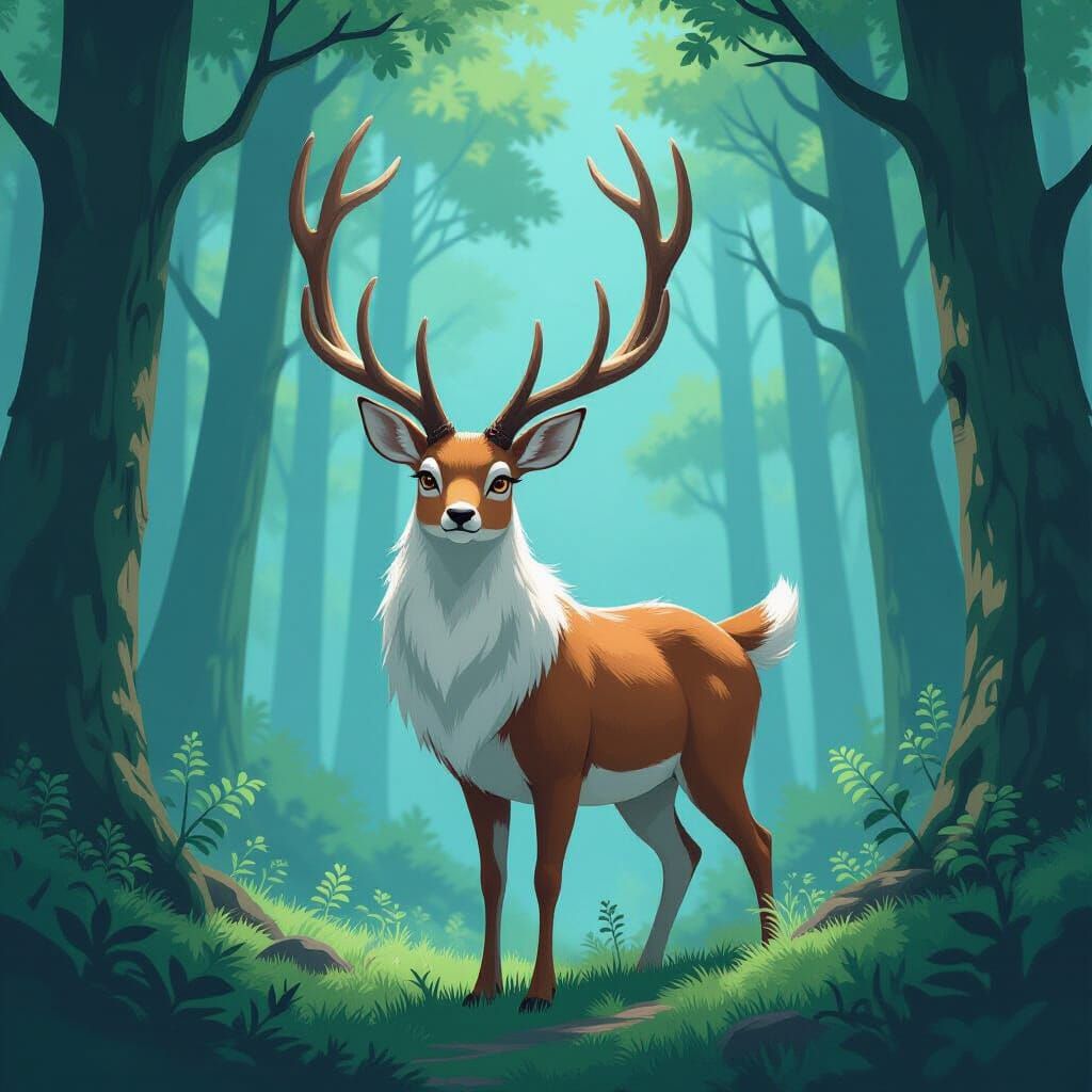 Majestic Deer God Embodies Forest's Balance in Anime Style