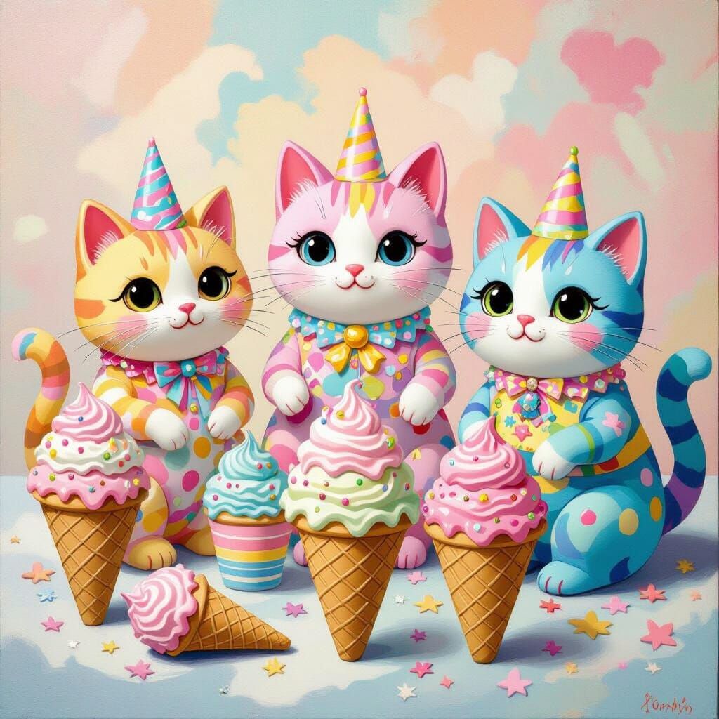 Cats and Ice Cream in a Whimsical Style