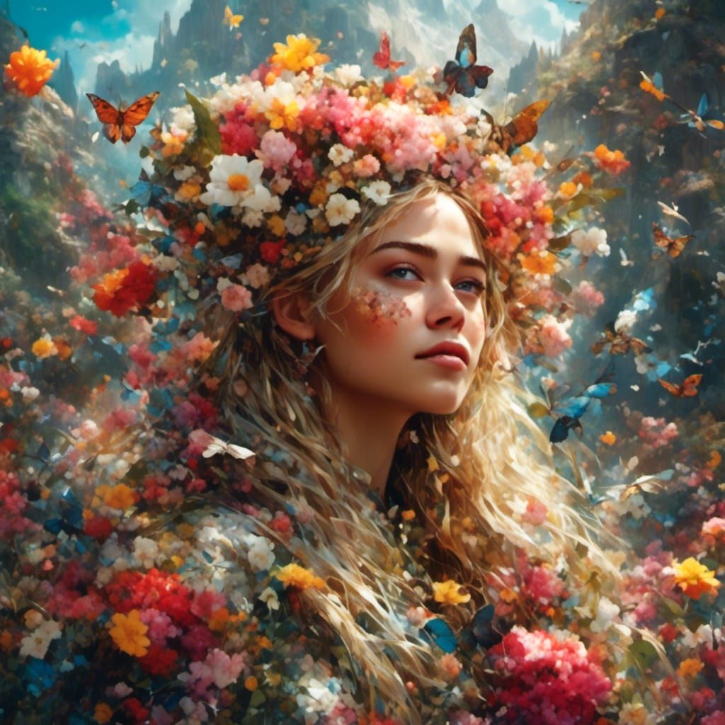 Hyperreal Miley Cyrus Portrait with Flowers