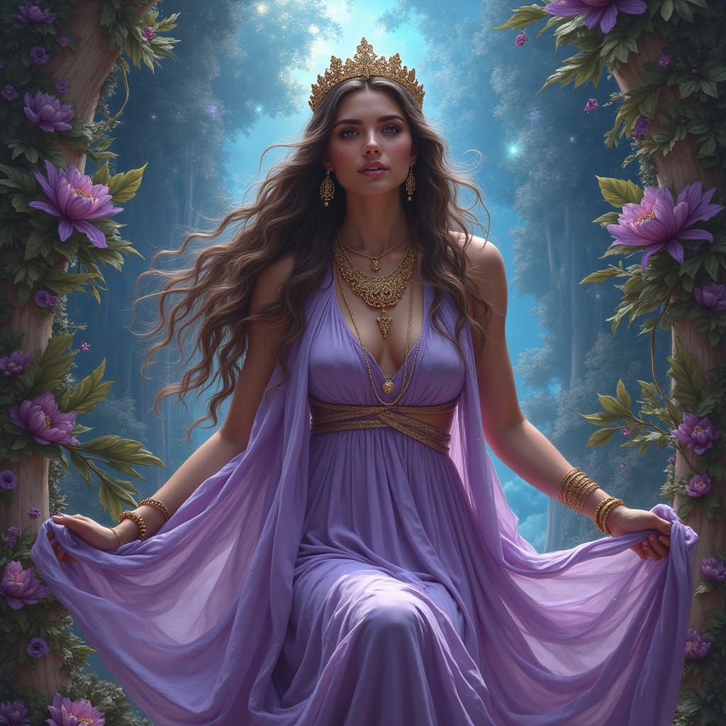 Ancient Greek Princess in Opulent Tropical Throne Room