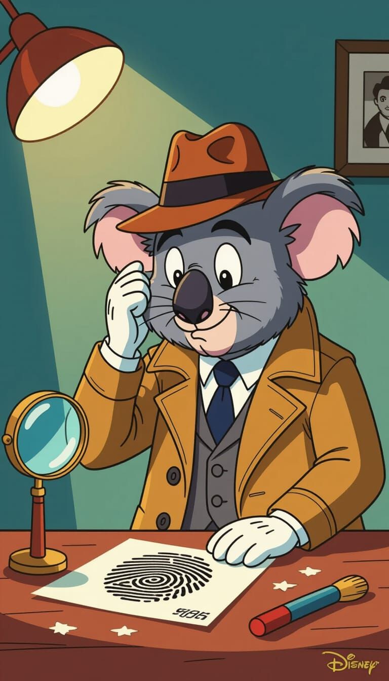 Cartoon Detective Puzzled by Koala and Human Fingerprints