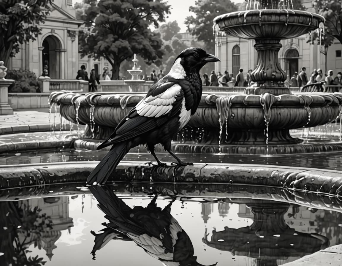 Magpie Reflection: Monochromatic Ink Drawing