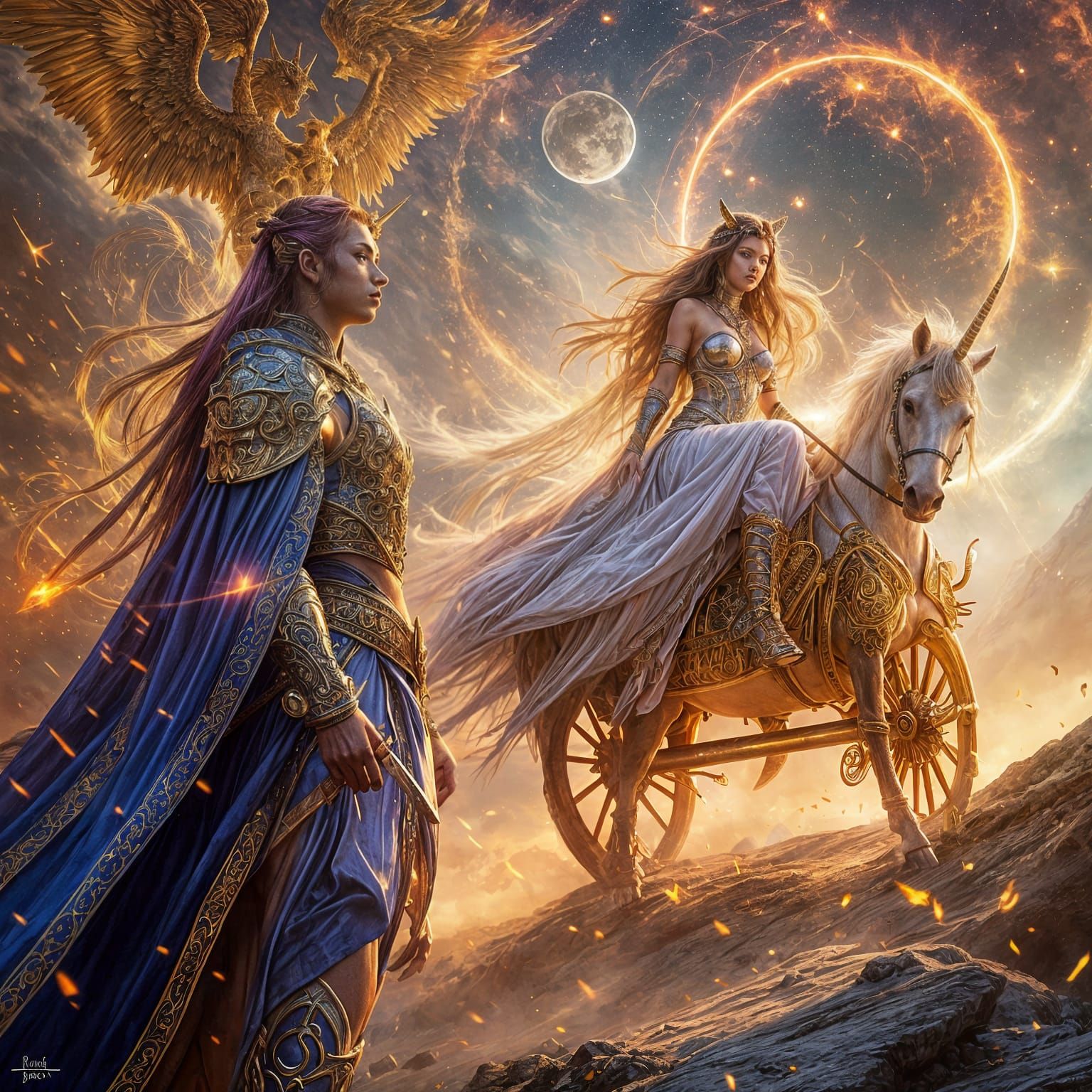 Warrior in Islamic Armor Gazes at Unicorn-led Chariot