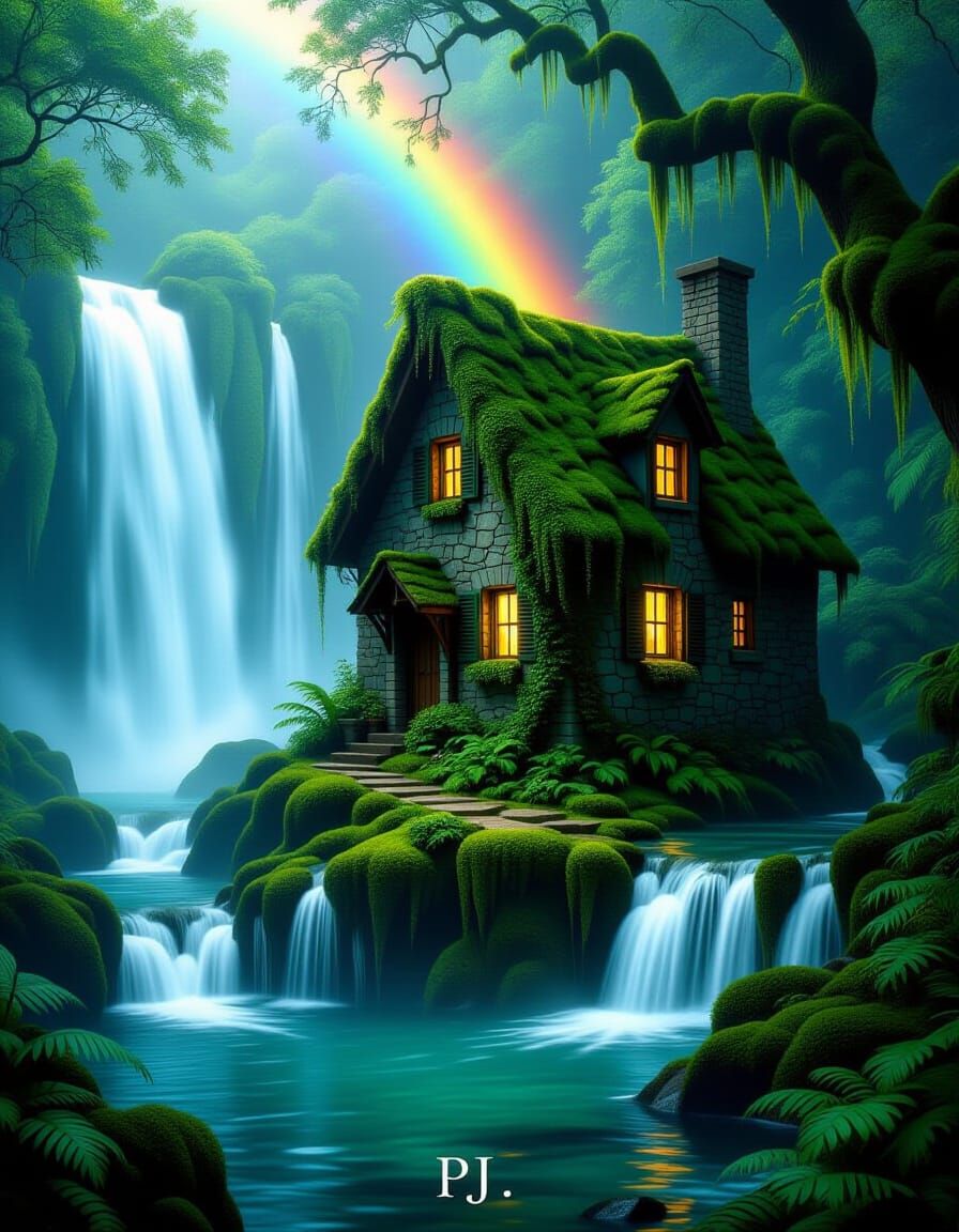 Hidden Cottage Behind Roaring Waterfall in Fantasy Landscape