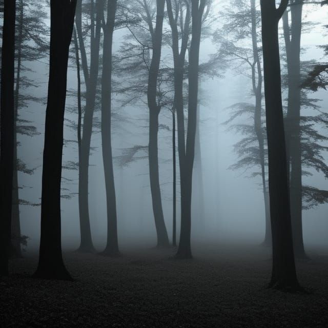 spooky forest clearing, full moon, foggy, surreal, open space, dark lighting, old photograph